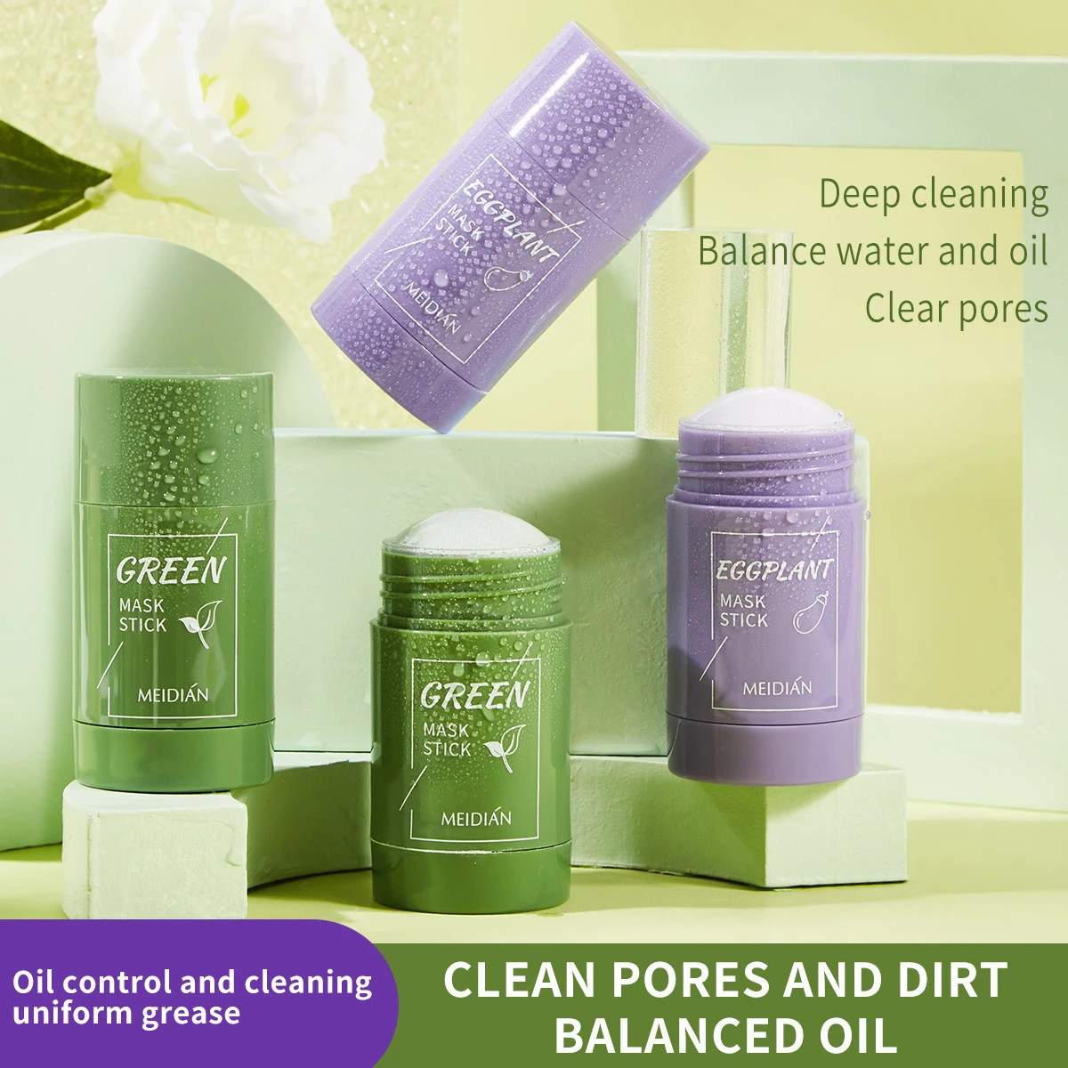 Anti-Points Noirs Visage à l'Extrait de Thé Vert pour Nettoyage Profond, Masque Facial Purifiant et Blanchissant, Masque Bâtonnet à l'Argile Verte